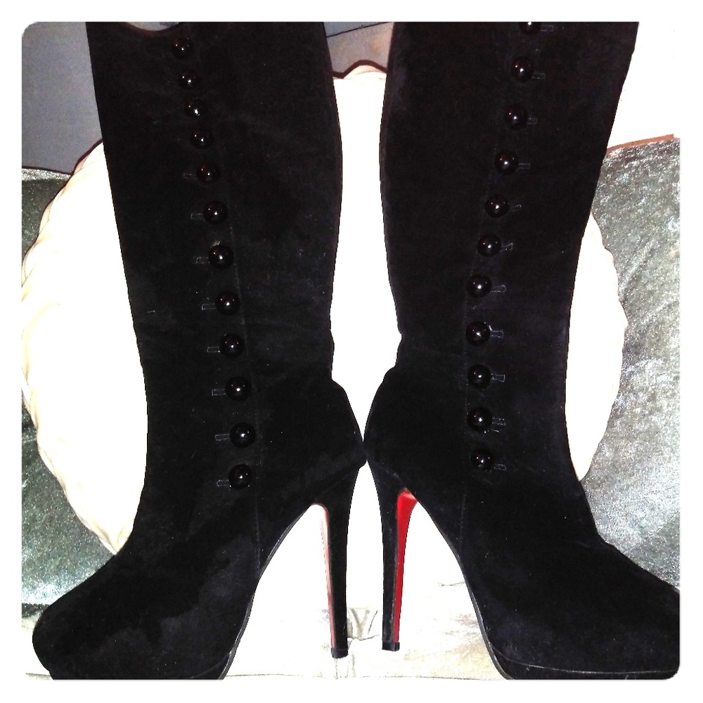 Black Velvet Knee high boots w/decorative buttons